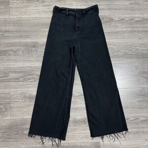 Washed Black High Rise Wide Leg Raw Hem Jeans Patch Pockets 26W L28 Bohemian